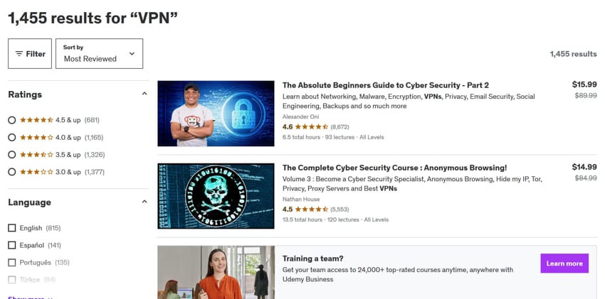 VPN NICHE showing the number of udemy courses in the VPN NICHE